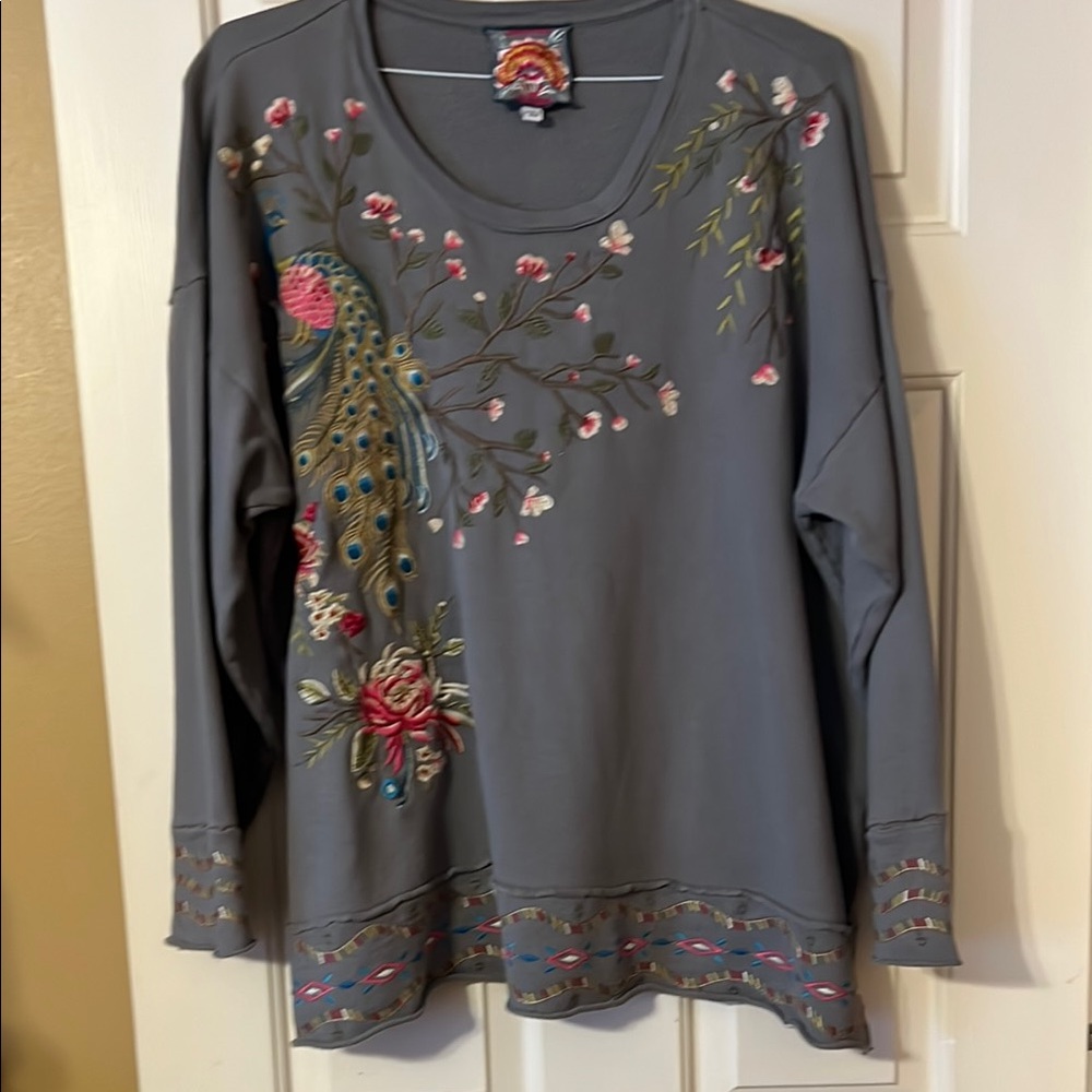 Johnny Was Embroidered Gray Long Sleeve Top
